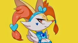 anthro bow braixen cleavage clothing drunkoak fox fox_ears fox_girl generation_6_pokemon heart looking_at_viewer magical_girl nintendo oerba_yun_fang pokémon_(species) pokemon pokemon_(species) pokemon_xy red_eyes smiling yellow_background