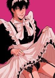 alternate_costume apron apron_lift black_hair black_panties blush bulge crossdressing dress dress_lift embarrassed frilled_dress frills fully_clothed garter_belt garter_straps gintama hijikata_toshiro humiliation lace lace-trimmed_panties lace-trimmed_thighhighs lingerie looking_away maid maid_headdress maid_uniform male male_only panties pink_background presenting solo stockings sweatdrop syazai_bakari thighhighs underwear