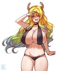 1girls artist_name ayanobro bare_shoulders big_breasts bikini blonde_hair blush breasts cleavage closed_eyes clothing collarbone commission dragon eyebrows_visible_through_hair eyelashes female female_focus female_only green_hair highres hips horn huge_breasts humanoid large_breasts miss_kobayashi's_dragon_maid multicolored_hair navel open_mouth pinup quetzalcoatl_(dragon_maid) revealing_clothes shiny_skin sideboob simple_background skimpy skindentation smile solo solo_female swimsuit teal_hair teeth thighs three_tone_hair tongue very_long_hair voluptuous white_background