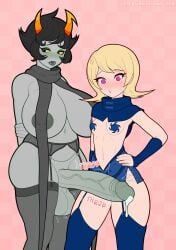 1futa 1girls balls black_hair blonde_hair bottomless breasts clothed clothing cock_worship duo erection failureofasavior female futanari grey_skin homestuck huge_breasts huge_cock human humanoid kanaya_maryam large_penis light-skinned_female light_skin mostly_nude pale_skin penis penis_awe pink_eyes precum red_eyes roxy_lalonde short_hair size_difference small_breasts standing thighhighs troll