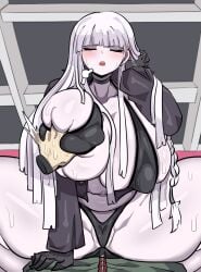 alternate_version_available bikini blush breasts cameltoe danganronpa danganronpa:_trigger_happy_havoc danganronpa_1 female_on_top groping groping_breasts huge_breasts kingrangman kirigiri_kyouko large_breasts naegi_makoto skimpy_bikini sling_bikini spread_legs straight_hair sweat thick_thighs thighs