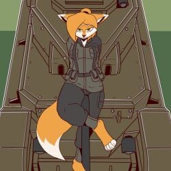 clothed clothing colonial_infantry female fox fox_ears foxhole:_persistant_online_warfare furry green_eyes looking_at_viewer lying_back military military_uniform military_vehicle oc orange_ears orange_fur orange_hair sitting smug spatha tank the_man