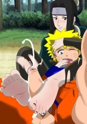 2boys barefoot black_hair blonde_hair capitan_hentai clothed clothing cumshot feet femboy foot_fetish foot_play footjob footjob_from_behind footwear gay haku_(naruto) male male_only naruto naruto_(series) trap uncensored uzumaki_naruto yaoi