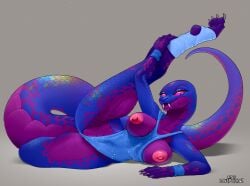 anthro blue_body blue_scales breasts exposed_breasts fangs female flexible hi_res long_tail looking_at_viewer lovepuma69 lying neuzu_(anzuneth) nipples on_side original original_character pink_eyes reptile scales scalie snake solo stretching