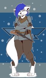 arms_around_chest arms_under_breasts black_eyes clothed cold female firearm fox fox_ears fox_tail foxhole:_persistant_online_warfare furry gun looking_at_viewer military military_uniform oc purple_hair shivering snow submachine_gun the_man warden_infantry white_ears white_fur white_tail