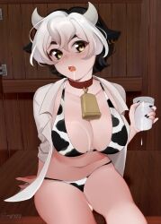 bell_collar blush brown_eyes cow_ears cow_girl cow_horns cow_print cow_print_bikini hucow large_breasts milk original original_character slave slave_collar slave_outfit slavegirl sunnypoppy voluptuous