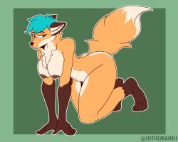 anthro ass black_ears blue_hair breasts colonial_infantry female fox foxhole:_persistant_online_warfare fur furry furry_only looking_at_viewer medic nipples nipples_outside no_clothes nude on_all_fours on_knees orange_fur orange_tail pussy tail the_man thick_thighs vagina