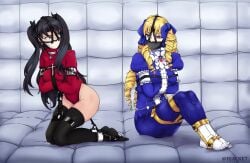 2girls adapted_costume annoyed blackjacke7 blonde_hair bondage bound bound_arms breasts brown_eyes drill_hair fate/stay_night fate_(series) female female_only femsub gagged hair_intakes hair_ornament hair_ribbon hairbow highres human legbinder legs_bound long_hair luviagelita_edelfelt medium_breasts multiple_girls multiple_subs padded_room quad_drills restrained ribbon ringlets straitjacket straps tight_clothing tohsaka_rin very_long_hair