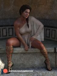 1girls 3d assassin's_creed_(series) assassin's_creed_odyssey breasts brown_hair caspianrover closed_eyes female_only fit_female greek kassandra legs muscles muscular muscular_female pensive posing sitting solo toga ubisoft video_game_character