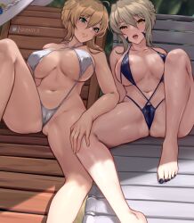 2girls ahoge artoria_pendragon artoria_pendragon_(lancer) artoria_pendragon_(lancer_alter) blonde_hair breasts breasts_apart fate/grand_order fate_(series) female female_only green_eyes hi_res highres huge_breasts inner_sideboob light-skinned_female light_skin lying_on_back outdoors pale-skinned_female pale_skin queasy_s revealing_clothes swimsuit tagme thick_thighs thighs tied_hair underboob yellow_eyes