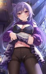 1girls bare_shoulders belly_button blush bra breasts dress fully_clothed genshin_impact keqing_(genshin_impact) looking_at_viewer medium_breasts navel official_alternate_costume panties pantyhose ponnyu12 purple_eyes purple_hair see-through see-through_legwear shirt_lift skirt_lift solo sweater twintails