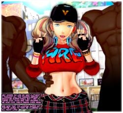 3d ann_takamaki atlus blue_eyes dark-skinned_male double_peace_sign double_v english_text exposed_midriff female hat imminent_sex interracial koikatsu light-skinned_female male megami_tensei netorare ntr numbersguy peace_sign persona persona_5 persona_5:_dancing_star_night pubic_tattoo tattoo text twintails v