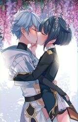 2boys aqua_hair ass_grab asymmetrical_bangs bangs blue_hair blush chinese_clothes chongyun_(genshin_impact) closed_eyes cute femboy frilled_shirt_collar frills gay genshin_impact girly highres hood kissing kokuchuutei long_coat long_sleeves male_only multicolored_hair multiple_boys short_hair streaked_hair toned toned_male xingqiu_(genshin_impact) yaoi