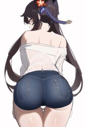 ai_generated alternate_costume ass ass_focus bare_shoulders blush brown_hair calkinos denim denim_shorts female from_behind genshin_impact hu_tao_(genshin_impact) huge_ass leaning leaning_forward long_hair looking_at_viewer nai_diffusion red_eyes shiny shiny_clothes shiny_hair shiny_skin shirt short_shorts shorts solo stable_diffusion twintails very_long_hair