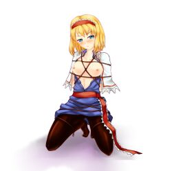 1girls alice_margatroid arms_behind_back bdsm blonde_hair blue_eyes blush bondage bound breasts female hairband looking_at_viewer medium_breasts nam_(valckiry) nipples pantyhose red_rope rope shibari short_hair solo tagme touhou