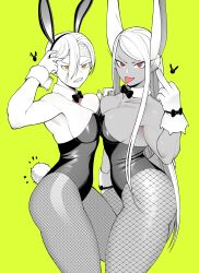 2girls :p animal_ears ass asymmetrical_docking big_ass black_and_white blonde_hair bowtie breast_press breasts bunny_ears bunny_girl bunny_tail bunnygirl bunnysuit cleavage clenched_teeth dark-skinned_female dark_skin detached_collar fake_animal_ears fake_tail female_only fishnets gloves headband ko_koyap large_breasts leotard long_hair looking_at_viewer middle_finger miruko muscular muscular_female my_hero_academia red_eyes rumi_usagiyama ryuukyuu sharp_teeth short_hair tail tan_skin tatsuma_ryuuko thick_thighs thighs tongue tongue_out usagiyama_rumi white_hair yellow_eyes yuri