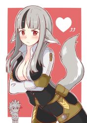 1boy 1girls alternate_costume amagumo animal_ears arms_under_breasts blush cleavage cosplay father_and_daughter female female_focus fire_emblem fire_emblem_fates grey_hair keaton_(fire_emblem) keaton_(fire_emblem)_(cosplay) nintendo red_eyes solo_focus tail velouria_(fire_emblem) wolf_ears wolf_girl wolf_tail