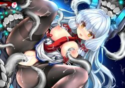 abyssal_ship bangs big_breasts black_pantyhose blunt_bangs breasts breasts_out dress enemy_naval_mine_(kantai_collection) female floating_headgear grey_hair hair_ribbon headgear kantai_collection kumakou large_breasts long_hair murakumo_(kantai_collection) murakumo_kai_ni_(kantai_collection) necktie nipples orange_eyes pantyhose red_necktie ribbon sailor_dress sidelocks tentacle tentacle_sex textless_version thighband_pantyhose torn_pantyhose tress_ribbon vaginal_penetration