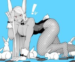 animal_ears ass barefoot big_ass bowtie breasts bunny bunny_ears bunny_girl bunny_tail bunnysuit cleavage detached_collar eyelashes fishnets gloves ko_koyap large_breasts long_hair looking_at_viewer miruko muscular muscular_female my_hero_academia red_eyes rumi_usagiyama skindentation smile tail thick_thighs thighs very_long_hair white_hair