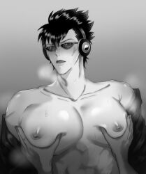 1boy 1other abs anger_vein annoyed bare_chest big_pecs blush breath gintama greyscale groping groping_chest headphones kawakami_bansai l_kei_l male male_focus monochrome muscular muscular_male open_clothes open_jacket open_mouth pec_grab pec_grasp pec_squeeze pecs pectoral_grab solo_focus sunglasses sweat tinted_eyewear upper_body yin_yang