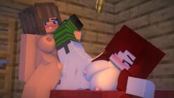 2girls 3d bed bedroom blue_eyes breasts brown_hair centrifigual erect_nipples female/female green_eyes horny lesbian_sex looking_at_partner max_welsh_(maxyda) mine-imator minecraft nude_female red_hair rivera_(centrifigual) stockings tagme tribadism yuri