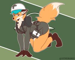 anthro black_ears blue_hair clothed colonial_infantry female fox foxhole:_persistant_online_warfare fully_clothed fur furry furry_only looking_at_viewer medic military military_uniform on_all_fours on_knees orange_fur orange_tail tail the_man thick_thighs