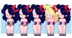 bad_launch black_hair blonde_hair chibi closed_eyes dragon_ball female fingerless_gloves good_launch headband large_breasts launch long_hair nude open_mouth smile socramynniv solo