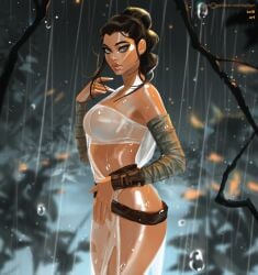 1girls barely_clothed braless female female_only no_bra no_panties partially_clothed rain revealing_clothes rey see-through see-through_clothing skimpy soaked solo solo_female star_wars tagme tattiart wet wet_clothes