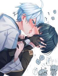 2boys aqua_hair asymmetrical_bangs bangs black_gloves blue_eyes blue_hair chongyun_(genshin_impact) french_kiss frilled_shirt_collar frilled_sleeves frills genshin_impact gloves highres hood kissing kokuchuutei long_coat long_sleeves multiple_boys open_mouth shirt short_hair tongue tongue_out translation_request xingqiu_(genshin_impact) yaoi yellow_eyes