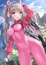 alice_(nikke) animal_ears big_breasts bodysuit breasts doromii fake_animal_ears goddess_of_victory:_nikke grey_hair headphones m21_ebr sniper_rifle tagme