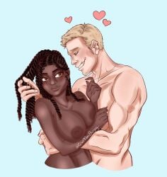 blonde_hair blush brown_eyes brown_hair dark-skinned_female freckles green_eyes holding hugging interracial large_breasts light-skinned_male love muscular_male reinamoonbunny romantic romantic_couple smirk smirking twists yandere