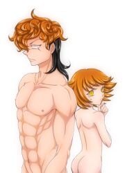 abs ass blush completely_nude completely_nude_male danganronpa danganronpa:_trigger_happy_havoc danganronpa_1 deusa femboy fujisaki_chihiro mondo_oowada multiple_boys muscular muscular_male straight_hair