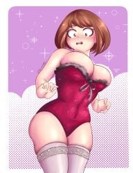 big_breasts breasts bursting_breasts corset corset_only makeover my_hero_academia ochako_uraraka open_mouth overflowing_breasts skindentation thick_thighs thigh_squish thighhighs thighs uisho