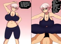 1boy 1boy1girl 1girls 2koma armpits big_breasts blue_eyes breasts clothed comic dialogue female female_on_top freckles happy happy_female huge_breasts human large_breasts maymayumi2 mayumi_oka milf mommy mother original original_character pink_hair smile smiling smiling_at_viewer squatting thinking thong trainer training workout workout_clothes