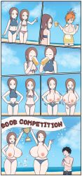 1boy 1boys 2026 2026s 3girl 3girls anime anime_girl bathing_suit beach big_breast big_breasts bikini bikini_bottom black_hair black_hair_male bra breasts brown_hair brown_hair_female cloud competition dress drink drinking drinking_glass grow_breast grow_breasts gundam_nate gundamnate mr_wings mrwings nipples ocean orange_hair orange_hair_female panties ribbon ripped_bra sand sky summer trophy underwear water winner