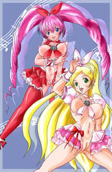 2girls blush breasts clothing cure_melody cure_rhythm highres houjou_hibiki large_breasts magical_girl minamino_kanade multiple_girls nipples ochiudo precure pretty_cure pussy skirt smile stockings suite_precure