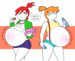 2girls big_belly bloated_belly bloating blue_eyes blush clothed clothing cookies female female_only foster's_home_for_imaginary_friends frankie_foster gurgle human_characters_in_pokemon hypocrite kasumi_(pokemon) navel orange_hair overstuffed pokemon pokemon_rgby ponytail red_belly red_hair ronic_lagann rumbling_stomach stomach_noises stuffed_belly stuffing water_bottle water_inflation