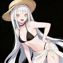 accurate_art_style ai_generated bikini blanc_(nikke) cute edit edited female female_only goddess_of_victory:_nikke sarong simple_background small_breasts solo straw_hat video_game_character white_hair white_skin