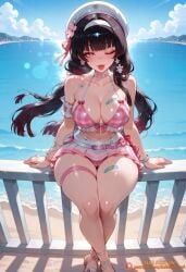 1girl ai_generated artist_name bandaid bare_shoulders beach belt bikini bikini_skirt black_hair blue_sky blush bracelet breasts chisa_(wuthering_waves) choker cleavage collarbone day earrings flower flower_earrings front-tie_bikini_top hair_ornament hairband hat jewelry large_breasts long_hair looking_at_viewer multicolored_hair navel ocean one_eye_closed outdoors patreon patreon_username pink_bikini pink_eyes plaid sandals sitting skirt sky solo swimsuit tagme_(artist) thigh_strap thighs tongue tongue_out twintails white_headwear wuthering_waves