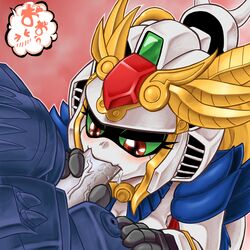 android blonde_hair blush breasts chibi cleavage drool eyelashes fellatio female gozon green_eyes gundam humanoid long_hair machine mecha mobile_suit oral penis red_eyes robot robot_girl saliva sd_gundam sd_gundam_sangokuden shukuyuu_gundam