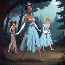 3girls ai_generated ass bare_shoulders barefoot black_hair blonde_hair blue_dress breases breast_reveal cinderella_(1950_film) cinderella_(disney) clothed clothed_female crossover dark-skinned_female dark_fantasy dark_forest dark_hair dark_skin disney disney_princess dress elbow_gloves feet female female_focus female_only fog foggy_background forest forest_background gloves hair_bun hairband hercules_(disney) holes_in_clothes light-skinned_female light_skin long_hair megara messy_hair nipples no_bra off_shoulder outdoors outside panties partial_nudity purple_dress red_hair ripped_clothing ripped_dress the_princess_and_the_frog tiana tiara tied_hair torn_clothes torn_clothing torn_dress torn_gloves uzzlegorf walking white_gloves worried worried_expression worried_look