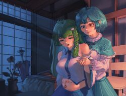 2girls absurdres ahoge antenna_hair aqua_capelet aqua_skirt azoth_the_devil azothean bare_shoulders belly_grab blue_eyes blue_hair blue_skirt breasts capelet coin coin_on_string commission detached_sleeves female female_only females_only frog frog_hair_ornament green_eyes green_hair groin hair_ornament hair_tubes hand_on_another's_stomach heterochromia highres hippppo holed_coin hypnosis implied_pregnancy indoors inmon karakasa_obake kochiya_sanae kogasa_tatara large_breasts long_hair long_sleeves looking_at_another medium_breasts midriff miko miko_outfit mind_control moonlight multiple_girls navel open_mouth plant plump potted_plant pubic_tattoo puffy_sleeves red_eyes sanae_kochiya shirt short_hair shouji shrine_maiden signature skirt sliding_doors smile snake snake_hair_ornament tatara_kogasa tattoo touhou touhou_project tsukumogami umbrella vest white_shirt wide_sleeves window youkai yuri