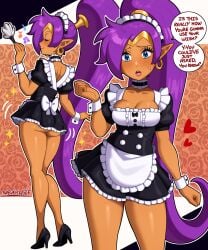 1girls armwear ass ass_cleavage ass_shot back back_view blue_eyes blush breasts cleaning cleaning_tool cleavage closed_eyes ear_piercing earrings english english_text female female_only footwear full_body hair heart heels high_heels holding_object hoop_earrings legs maid maid_headdress maid_outfit medium_breasts motion_lines musical_note neckwear open_mouth pointy_ears ponytail purple_hair sarukaiwolf shantae shantae_(character) short_skirt skirt smile solo solo_female sparkles speech_bubble text thighs wrist_cuffs