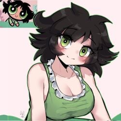 adzn1920 aged_up alternate_breast_size_(larger) black_hair blush blush_visible_through_hair breasts bright_pupils buttercup_(powerpuff_girls) buttercup_redraw_challenge_(meme) collar derivative_work female frilled_collar frills green_eyes green_outline green_tank_top highres large_breasts looking_at_viewer medium_hair meme messy_hair outline pink_background powerpuff_girls reference_inset screenshot_inset screenshot_redraw sleeveless smile solo tank_top white_pupils