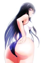 adolescent back_view belly_button black_hair bright_pupils classroom_of_the_elite cute_face cute_girl eyebrows_visible_through_hair eyelashes_visible_through_hair female female_only finger_in_ass high_quality high_resolution highres horikita_suzune large_ass large_boobs large_breasts large_buttocks large_hair legs looking_behind makeup petite_female petite_girl red_eyes school_girl schoolgirl shiny_body shiny_hair swimsuit teenage_girl thin_neck thin_waist waifu2x white_background wide_hips