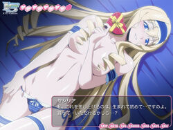 1girls bed blonde_hair blue_eyes blush breasts cameltoe cecilia_alcott chocolate drill_hair fake_screenshot female hair_over_breasts hairband heart infinite_stratos large_breasts long_hair lowleg lowleg_panties lying navel nipples on_back panties smile solo source_request striped sutein thigh_strap thighhighs topless translation_request underwear valentine