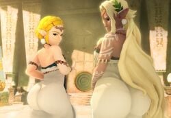 2girls 3d 3d_(artwork) ass ass_in_dress big_ass blonde_hair bottom_heavy bubble_butt clothing dark-skinned_female dark_skin dress ear_piercing earrings fat_ass gluteal_fold height_difference huge_ass large_ass light-skinned_female light_skin massive_ass nurico piercing sonia_(tears_of_the_kingdom) tears_of_the_kingdom the_legend_of_zelda thick_ass thick_thighs thunder_thighs wide_hips zelda_(tears_of_the_kingdom)