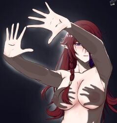 1female 1girl 1girls 2d absurd_res armpits arms_up artist_logo artist_name artist_signature big_breasts bloxmane boobs breasts chasca_(genshin_impact) female female_only genshin_impact hand_shadow_covering_breasts_(meme) hands_casting_shadow hoyoverse looking_at_viewer naked naked_female nipples red_hair solo telegram_username twitter_username ughhh_melon
