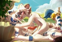 accessory anthro athletic bell big_penis blush bodily_fluids closed_eyes cloud cowgirl_position cum cum_from_ass cum_in_ass cum_inside cum_on_abs cum_on_chest cum_on_leg cum_splatter cum_strand duo ejaculation erection excessive_cum excessive_genital_fluids felid fist foreskin french_kissing from_front_position furgonomics genital_fluids genitals grass hair happy hi_res humanoid_genitalia humanoid_penis kemono kissing kneeling kozaki_huqi_(character) leaf male male/male mammal metmisc_(character) nude on_bottom on_top outside pantherine penis penis_against_chest penis_on_chest plant precum reclining red_penis retracted_foreskin sculpture sex side_view statue straddling striped_body stripes tail tail_accessory tail_bell tiger white_body white_hair xiaoyaozhi