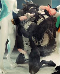 3d_(artwork) absurd_res animal_genitalia animal_penis anthro balls black_body black_border blender_(artwork) blush bodily_fluids body_writing border canine_genitalia clothed clothing cum cum_drip cum_dripping_from_penis cum_everywhere cum_in_mouth cum_inside cum_on_face cum_on_penis degradation degradation_kink degradation_text degraded deuzear digital_media_(artwork) dripping duo ejaculation english_text equine_genitalia erection fellatio fur genital_fluids genitals group hair hi_res jewelry knot licking lill_esp looking_pleasured male male/male male_penetrating markings messy oral orgasm penetration penile penis sex simple_background skimpy slutty_eyes submissive tail text tongue trio white_body white_fur wings writing_on_butt